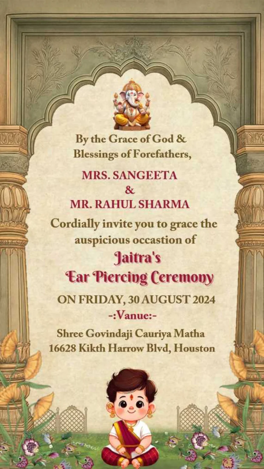 Graceful Celebrations with a Traditional Ear Piercing Ceremony Invitation from CraftyArt