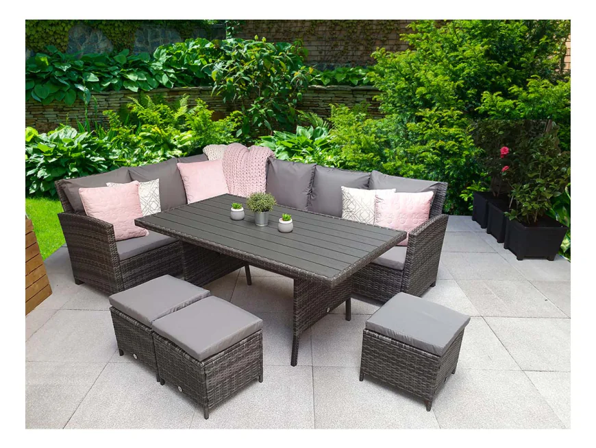 Rattan Grey Corner Sofa + Dining Table + 3 Stools Set – The Ultimate Garden Furniture Upgrade