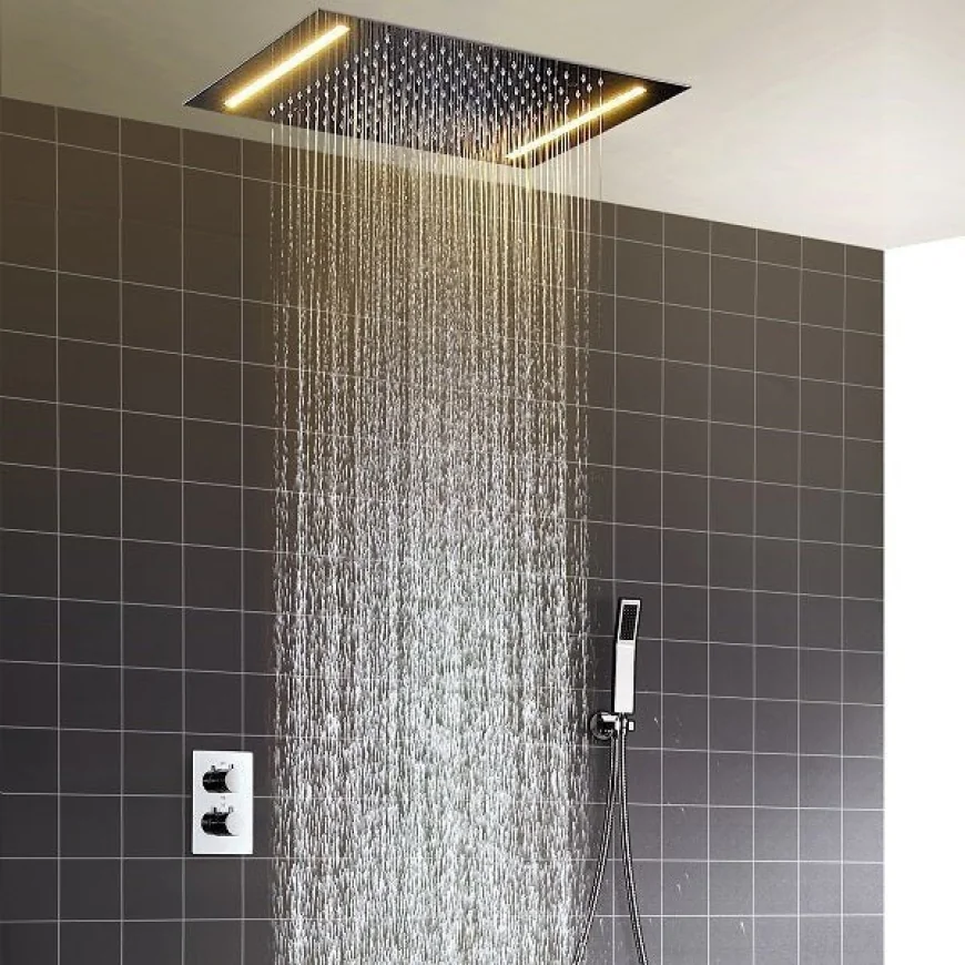 How do LED lights function in shower sets with tub spout?