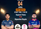 A Clash of Titans: Previewing the Gujarat Titans vs Rajasthan Royals in the 9th IPL Match with Reddy Anna Book ID Insights, April 4 at 7:30 PM.