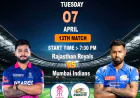 Reddy Anna Takes Center Stage: A Detailed Preview of the Thrilling IPL 13th Match Between Rajasthan Royals and Mumbai Indians at Barsapara Cricket Stadium.
