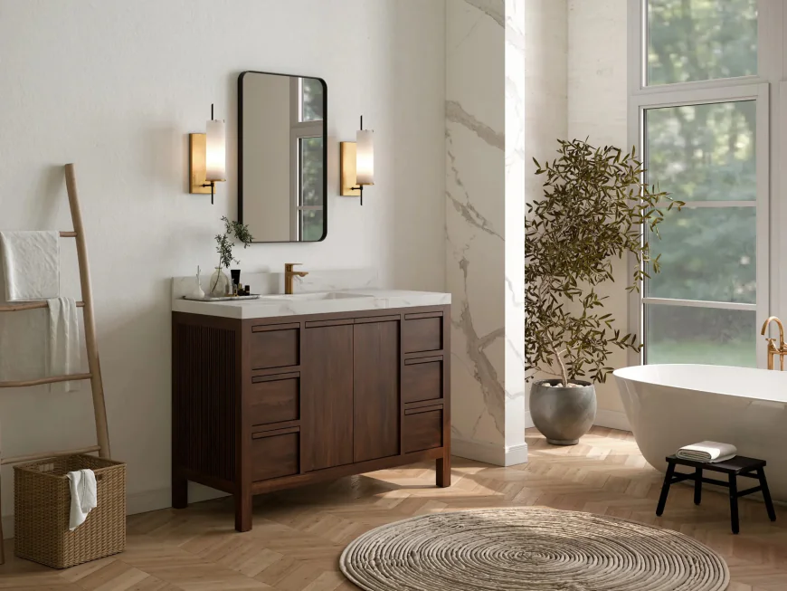 The "Rule of Three" for Styling: Stone, Glass, and Greenery on a Wood Single Vanity