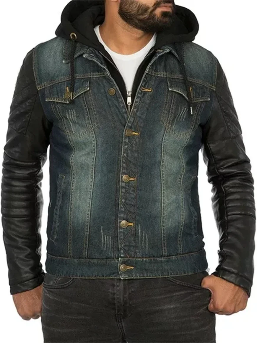Mens Hooded Leather Denim Jacket – A Stylish Fusion of Rugged Denim and Premium Leather Fashion