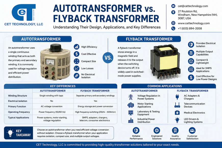 Autotransformer vs. Flyback Transformer: Understanding Their Design, Applications, and Key Differences