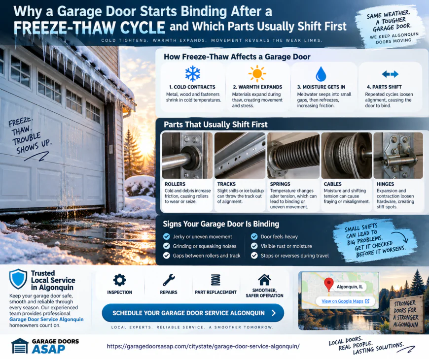 Why a Garage Door Starts Binding After a Freeze-Thaw Cycle and Which Parts Usually Shift First