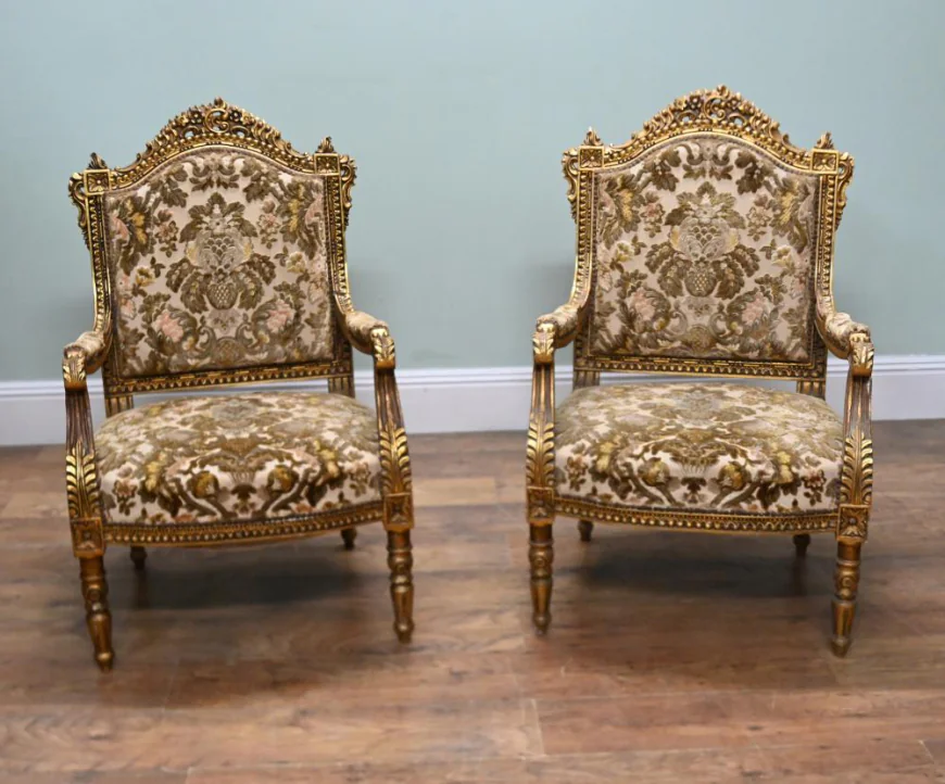 Elegant Pair of French Louis XVI Style Giltwood Armchairs