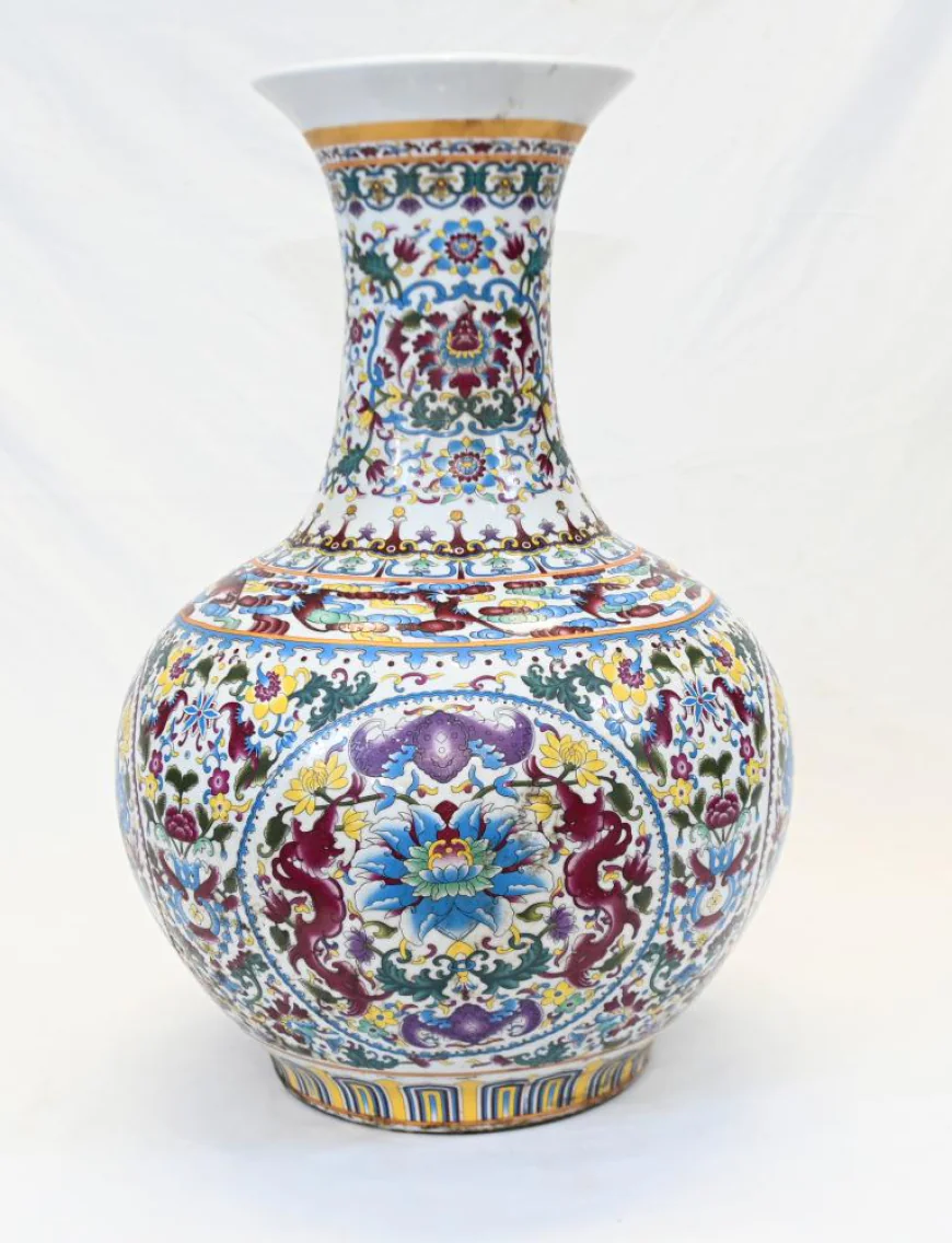 Large Chinese Famille Rose Dragon and Lotus Porcelain Vase